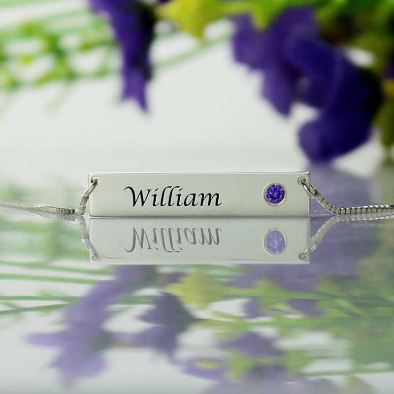 Nameplate Bar Necklace with Birthstone Silver