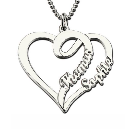 Love Heart Necklace With Two Names - Sterling Silver
