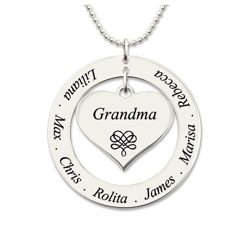 Engraved Circle Necklace Grandma Heart Pendant
