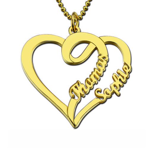 Love Heart Necklace Two Names Gold Plated Silver